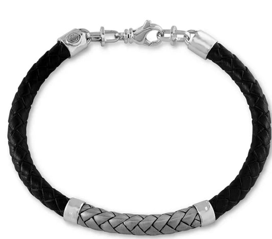 EFFY® Men's Woven Bracelet in Leather and Sterling Silver